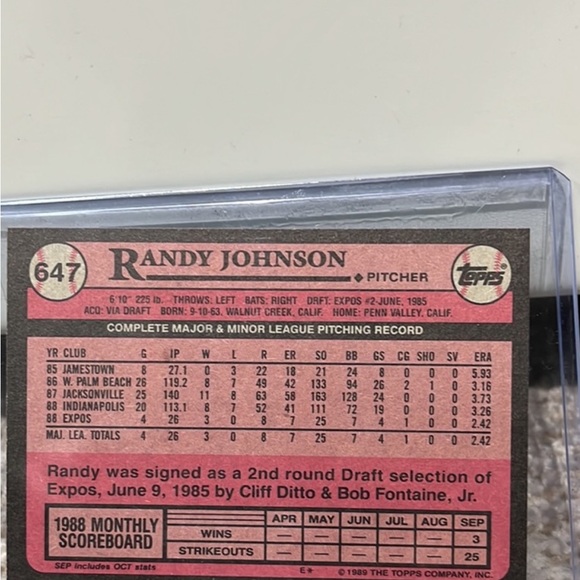 1989 Randy Johnson Rookie Topps - Picture 2 of 2